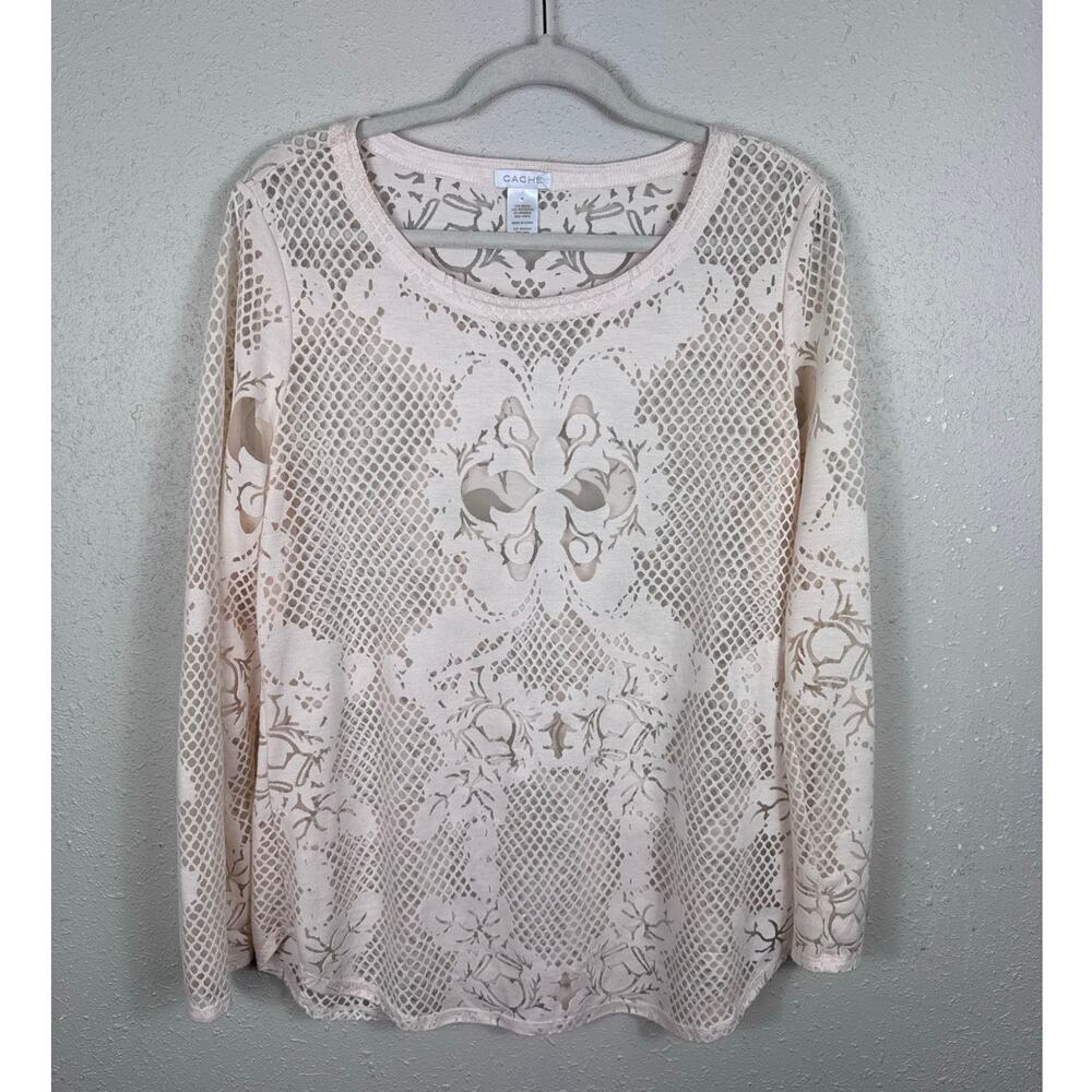Cache Antique White Womens Laser Cut Long Sleeve top Womens Size XL